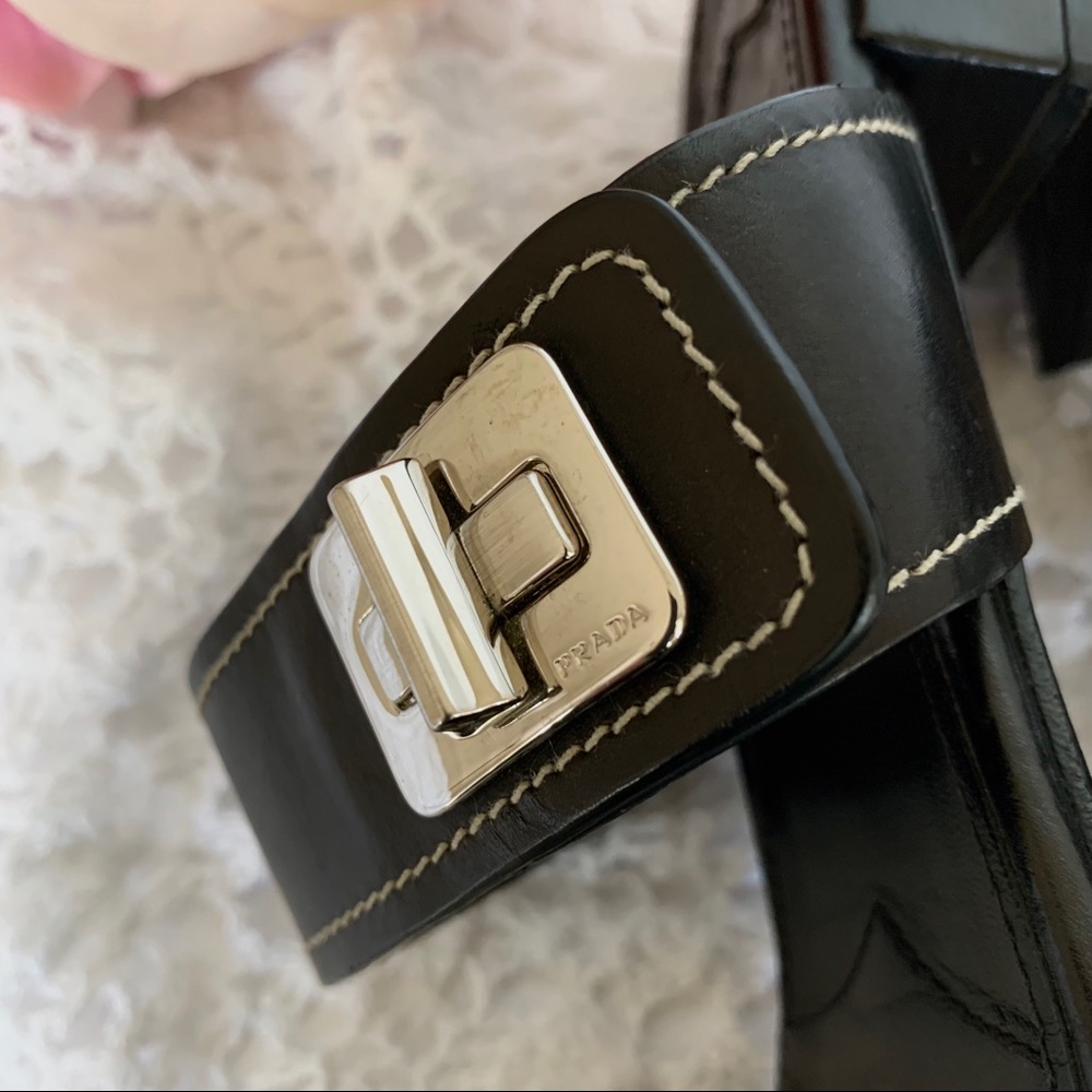VINTAGE BLACK PRADA SLIP ON SLIDES LEATHER SANDALS WITH SILVER BUCKLE - Picture 8 of 16